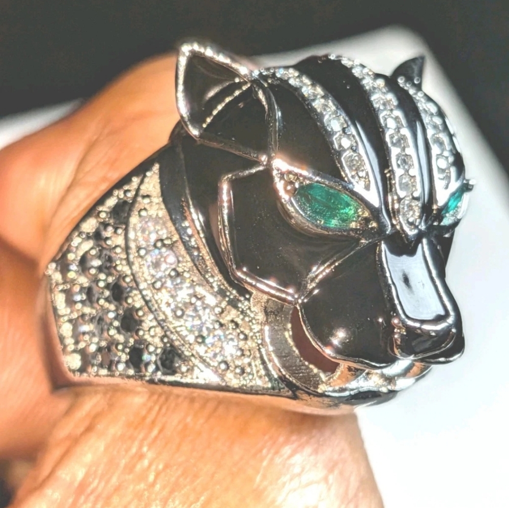 Retro 3Ct Round Cut Lab-Created Diamond Onyx Men's Black Panther Ring Sz 12 - Picture 8 of 17